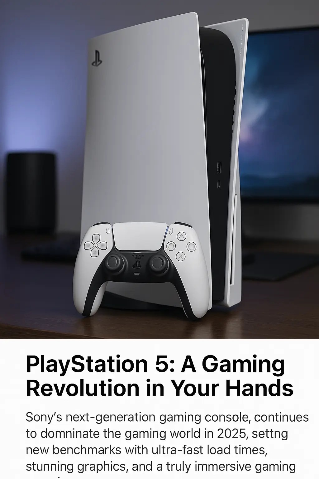"PlayStation 5 console with DualSense controller placed on a wooden desk, illuminated by ambient blue light, showcasing Sony’s next-gen gaming design and power."