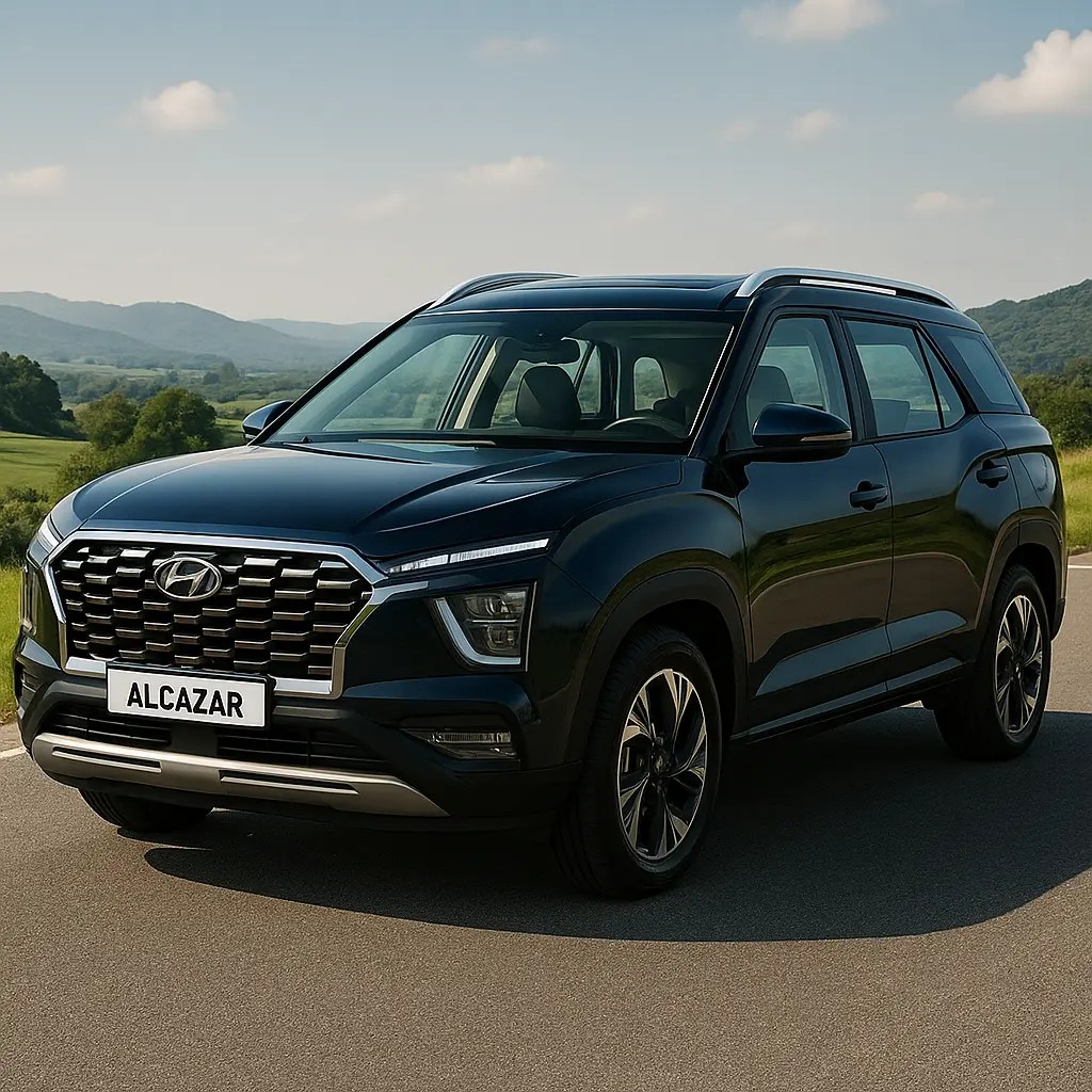 Hyundai Alcazar SUV parked on a scenic road with a bold front grille and LED headlights, highlighting the premium features of the Hyundai Alcazar.