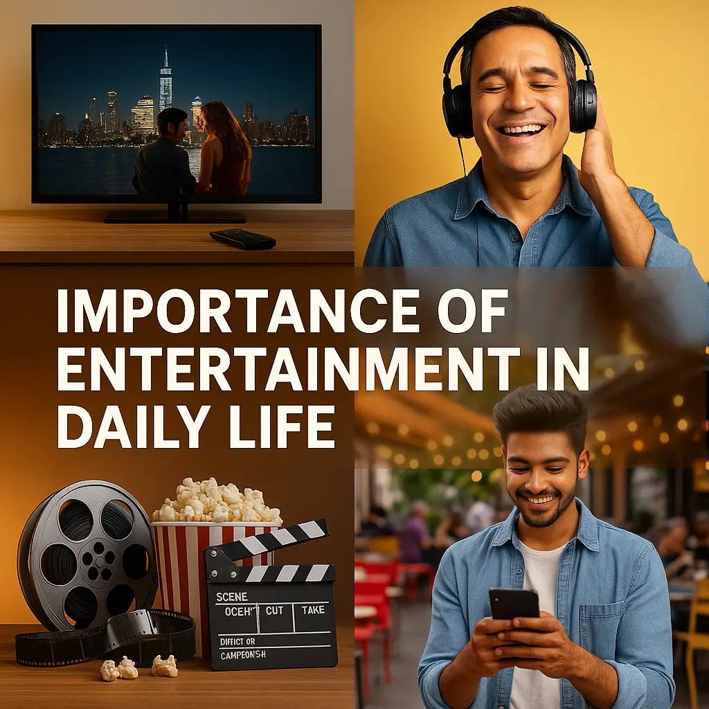 A vibrant digital illustration showing people enjoying various forms of entertainment like movies, music, gaming, and OTT streaming on different devices.