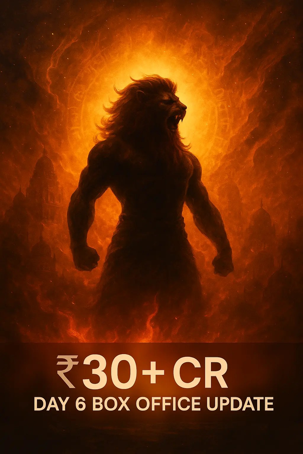 Illustration of Lord Narsimha in a powerful and divine pose with a glowing fiery background, showcasing ₹30+ crore day 6 box office update of Mahavatar Narsimha movie.