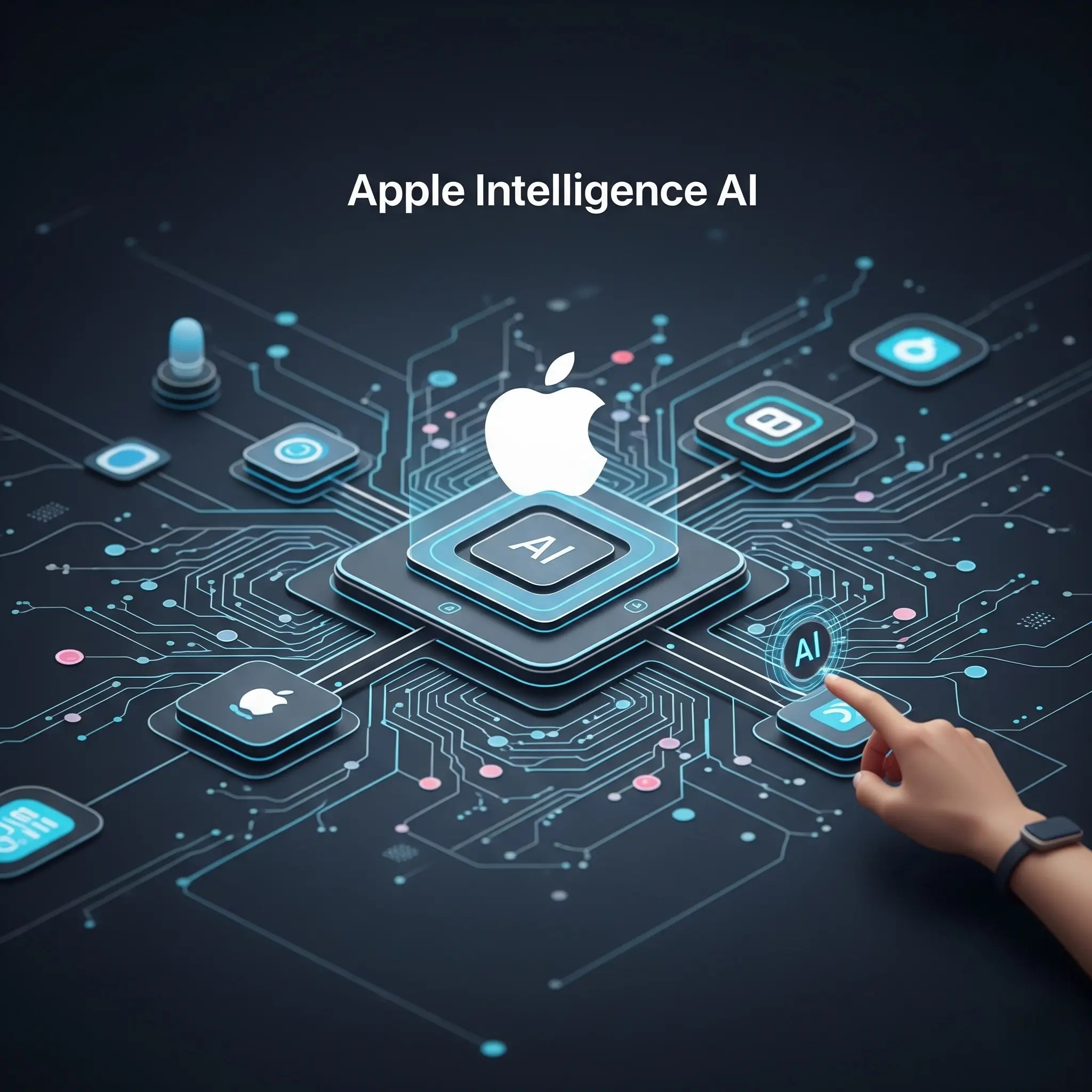 A hand with a smartwatch taps a glowing "AI" icon on a futuristic circuit board featuring an Apple logo at its center, with other app-like icons and network lines connecting various nodes. The text "Apple Intelligence AI" is at the top.