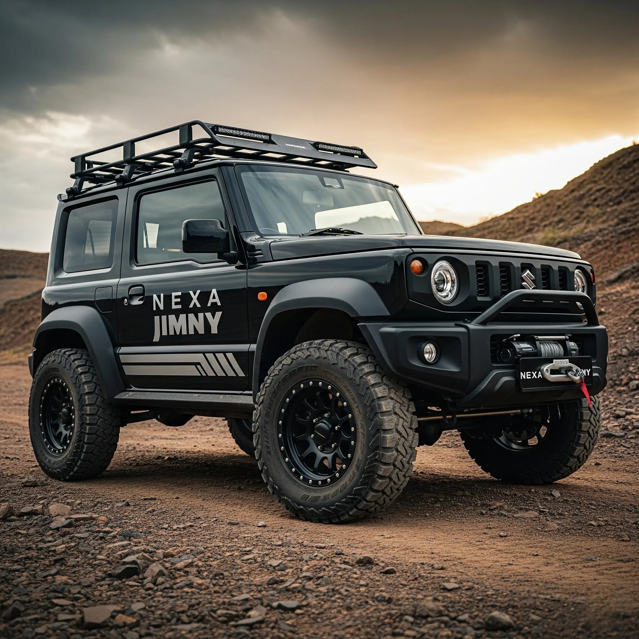 Maruti Suzuki Jimny branded as "Nexa Jimny," is parked on a rugged dirt track. It features a lifted suspension, large off-road tires, a roof rack with auxiliary lights, and a front winch, set against a dramatic, slightly overcast sky.