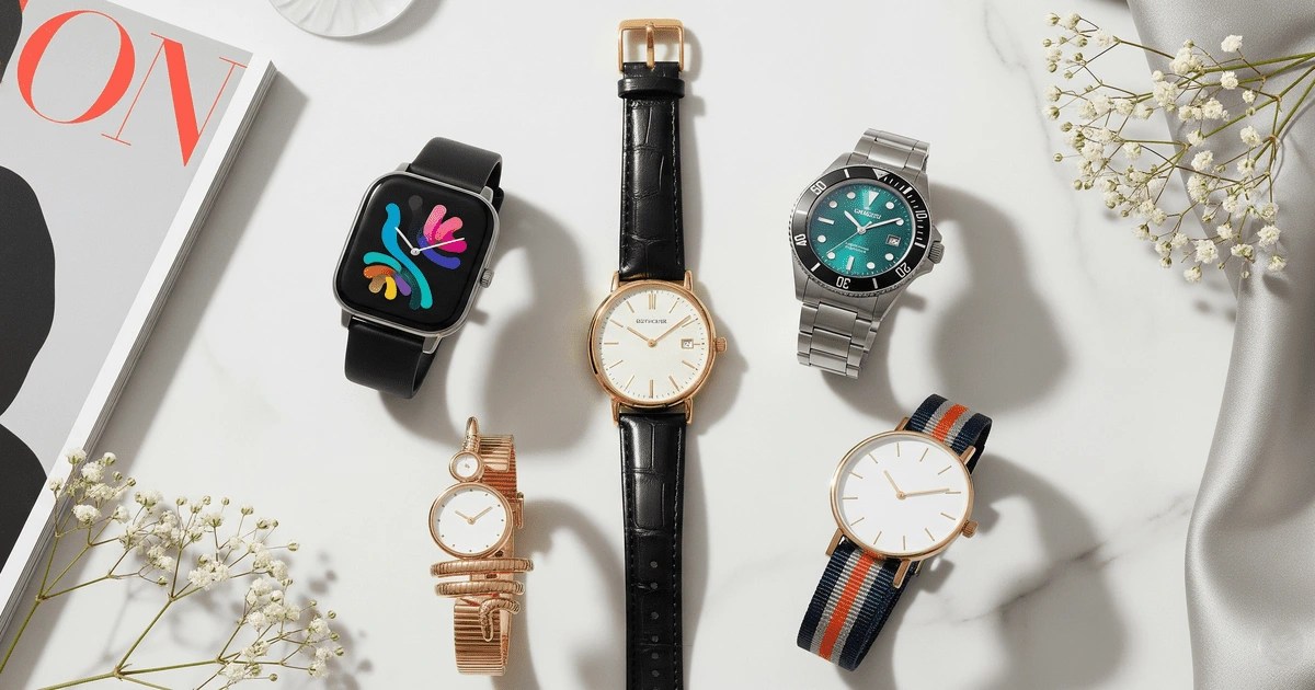 "A flat lay of the five best stylish women's watches for 2025, including a smartwatch, a classic leather strap watch, a silver dive watch, and other fashionable designs on a marble background