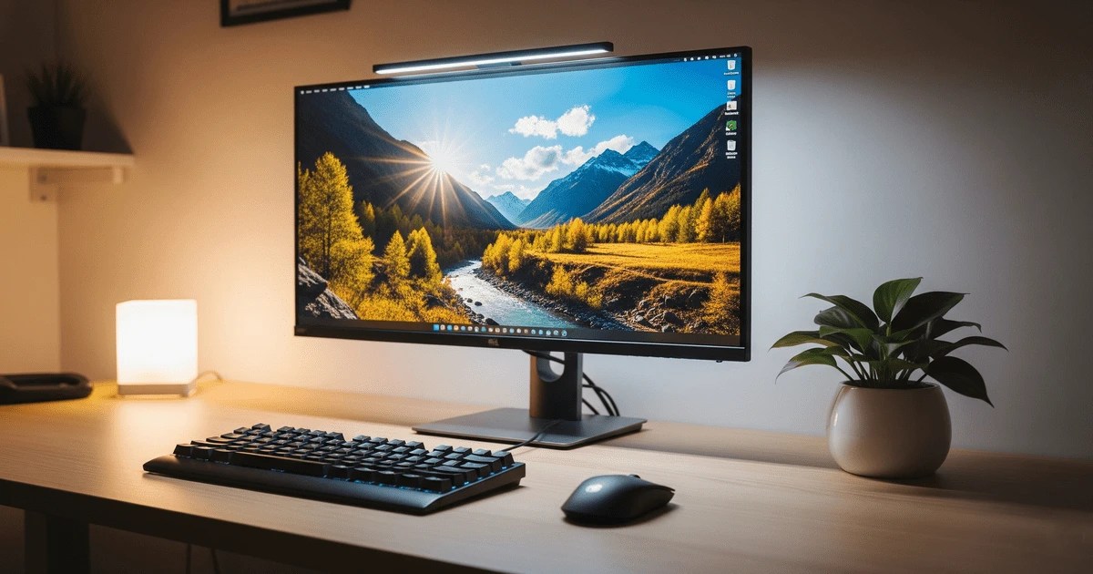A clean and modern desk setup featuring one of the best monitors under ₹15,000, creating a perfect workspace with its bright display, keyboard, and a plant