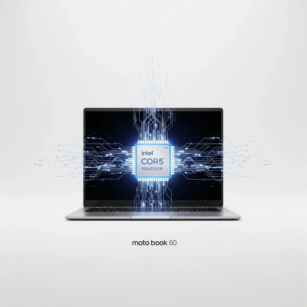 A conceptual image of a Moto Book 60 laptop on a white background, with a glowing Intel Core 5 processor graphic on its screen.