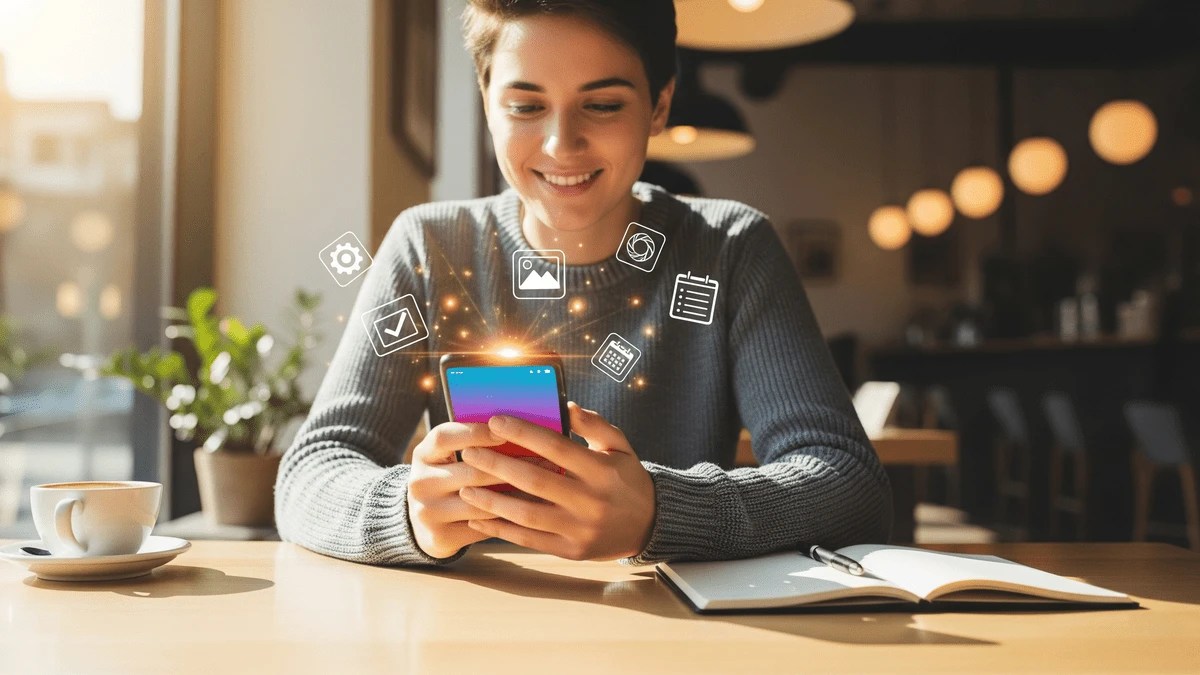 "एक खुश महिला कैफे में बैठकर अपने एंड्रॉइड स्मार्टफोन का उपयोग कर रही है, जिसके स्क्रीन से प्रोडक्टिविटी और क्रिएटिविटी से जुड़े बेस्ट ऐप्स के आइकॉन (जैसे नोट्स, फोटो, कैलेंडर) चमकते हुए निकल रहे हैं।