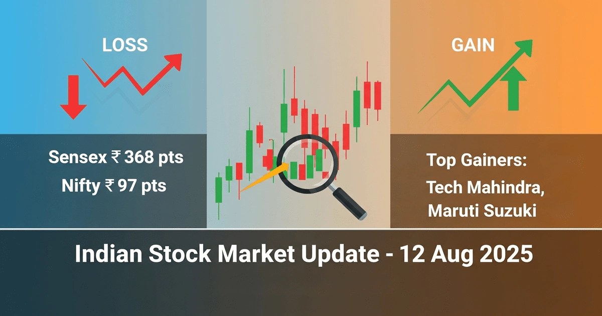 A banner for an Indian Stock Market Update on August 12, 2025, with a gradient background, showing market gains and losses for Sensex and Nifty, and listing top gainers. It includes a magnifying glass over a candlestick chart and a bilingual headline.