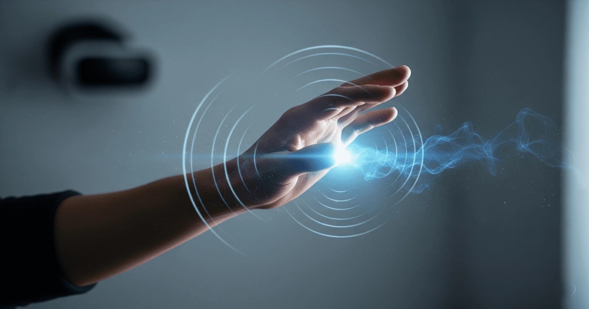 A hand reaching out with a glowing blue light and radiating energy, symbolizing haptic feedback and immersive touch, with a blurred VR headset in the background.