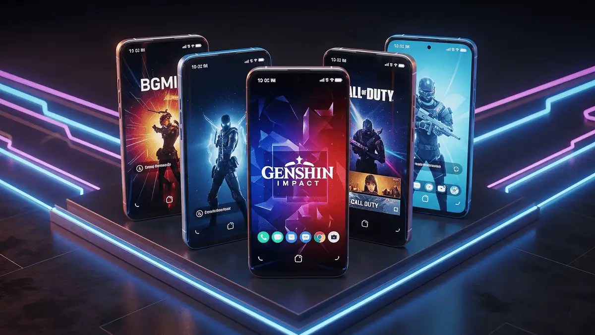 भारत में Top 5 Gaming Phones in India 2025 फ्यूचरिस्टिक नियॉन बैकग्राउंड में प्रदर्शित किए गए हैं। हर स्मार्टफोन की स्क्रीन पर BGMI, जेनशिन इम्पैक्ट और कॉल ऑफ ड्यूटी जैसे लोकप्रिय गेम दिख रहे हैं, जो उनकी शानदार गेमिंग परफॉरमेंस को दर्शाता है।