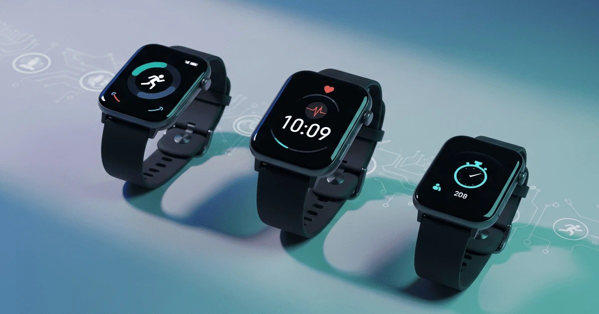 Discover the Best Smartwatches in India 2025 Under ₹10,000 – three modern black smartwatches with AMOLED displays showing fitness, heart rate, and stopwatch icons on a blue-teal gradient background with subtle tech graphics