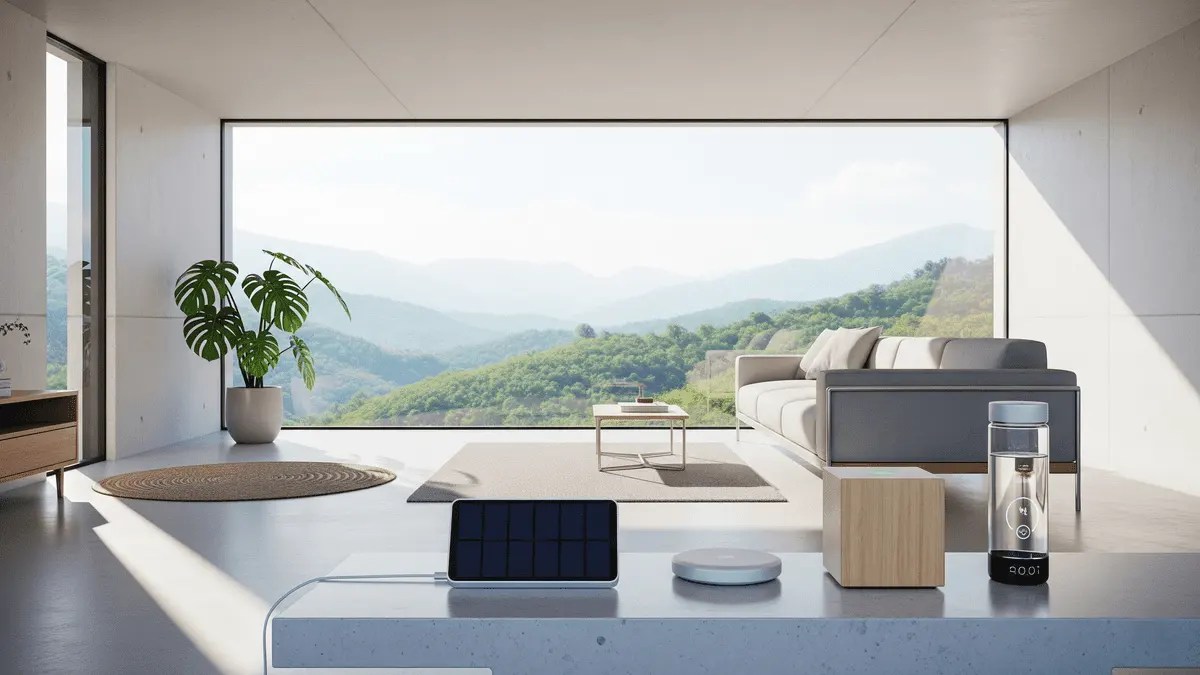 A collection of eco-friendly smart gadgets, including a solar panel charger and a wooden smart speaker, displayed on a counter in a modern home with a large window overlooking a serene, natural mountain landscape.