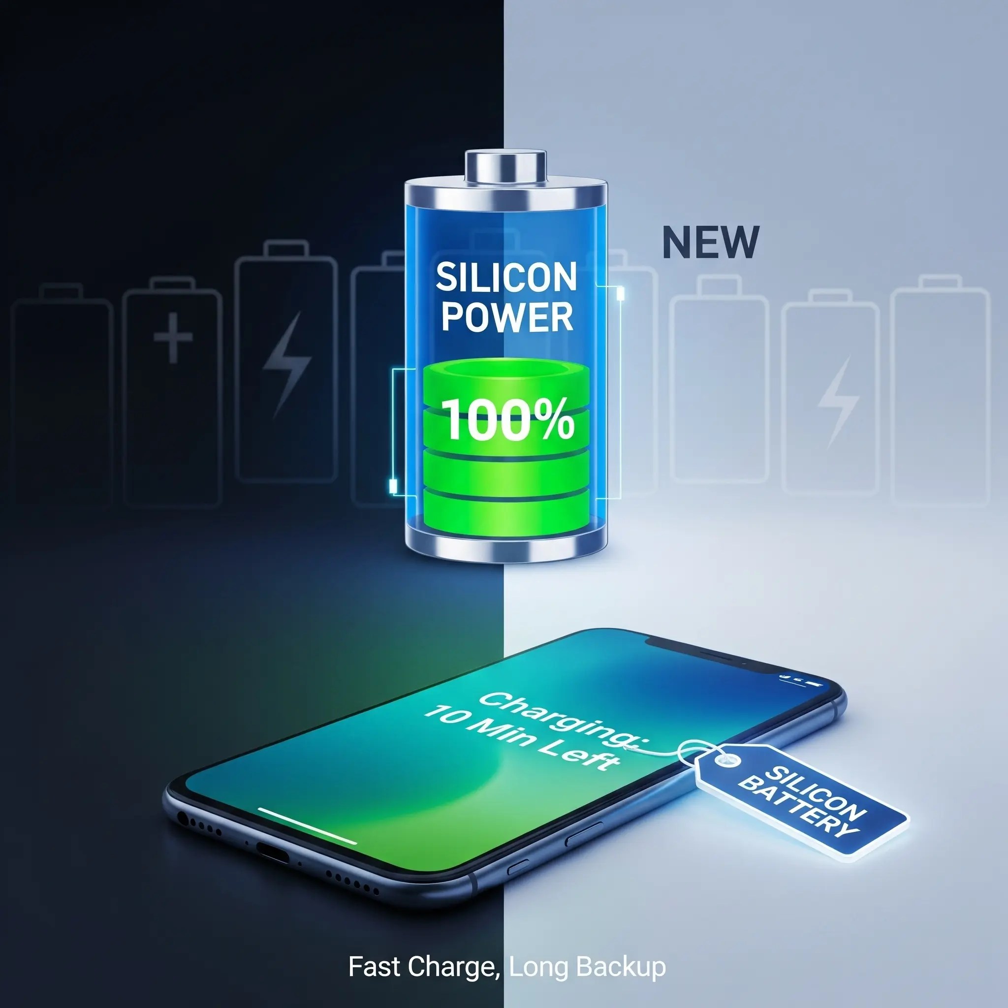 Silicon battery powering smartphone with 10-minute fast charging and long backup, symbolizing next-gen battery technology