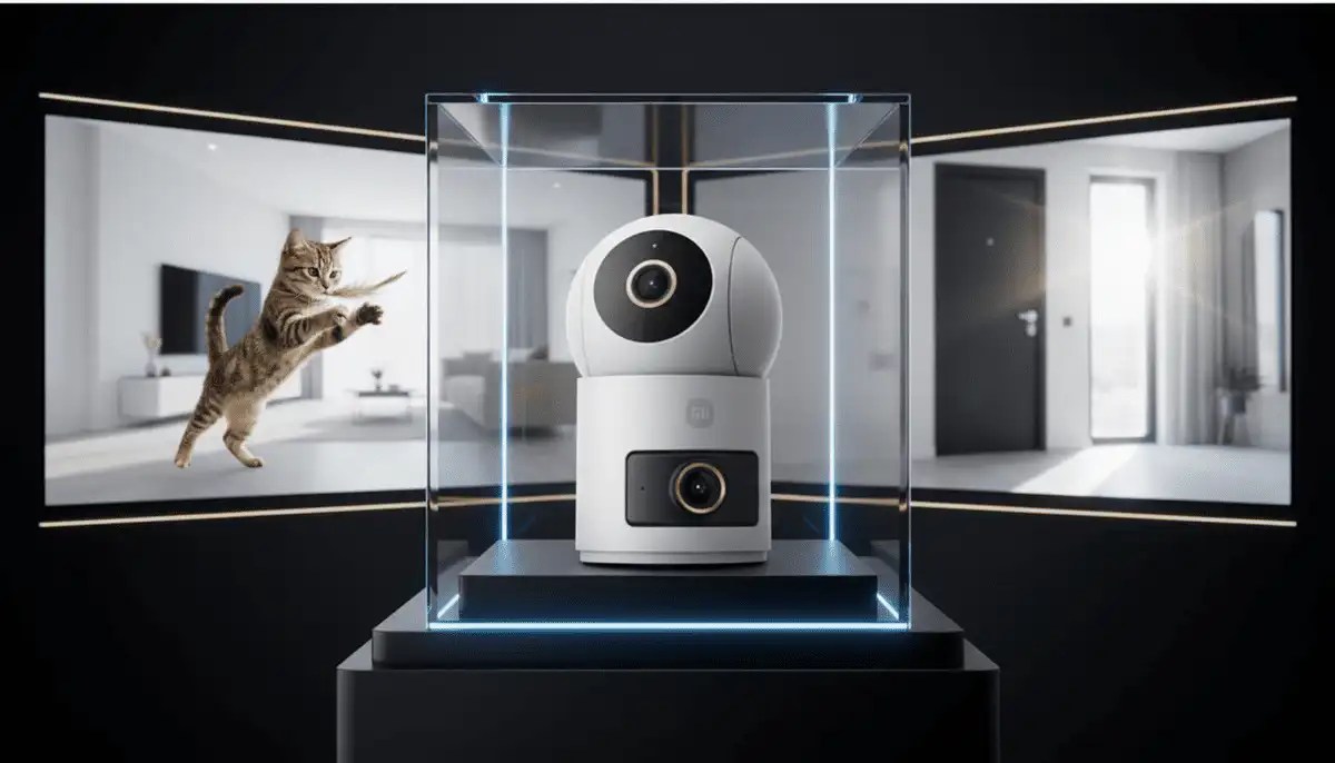 शाओमी स्मार्ट कैमरा 4 डुअल-कैमरा एडिशन एक ग्लास केस में प्रदर्शित है, जो इसकी डुअल-लेंस क्षमता को उजागर करता है। पृष्ठभूमि में दो स्क्रीन एक साथ घर के दो अलग-अलग हिस्सों को दिखाती हैं - एक में एक बिल्ली और दूसरे में दरवाज़ा - जो बिना ब्लाइंड स्पॉट के पूरी सुरक्षा का प्रतीक है।