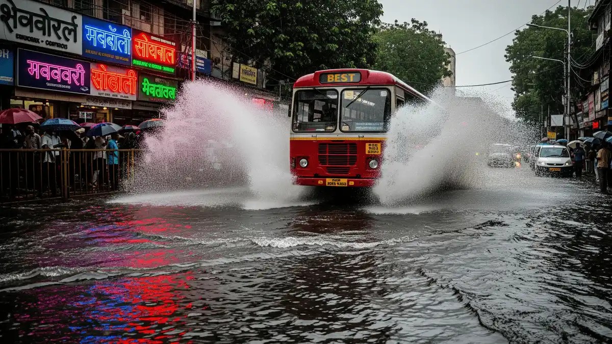 मुंबई में भारी बारिश के दौरान पानी से भरी सड़क से गुजरती हुई एक लाल रंग की BEST बस, जिससे पानी के बड़े छींटे उड़ रहे हैं