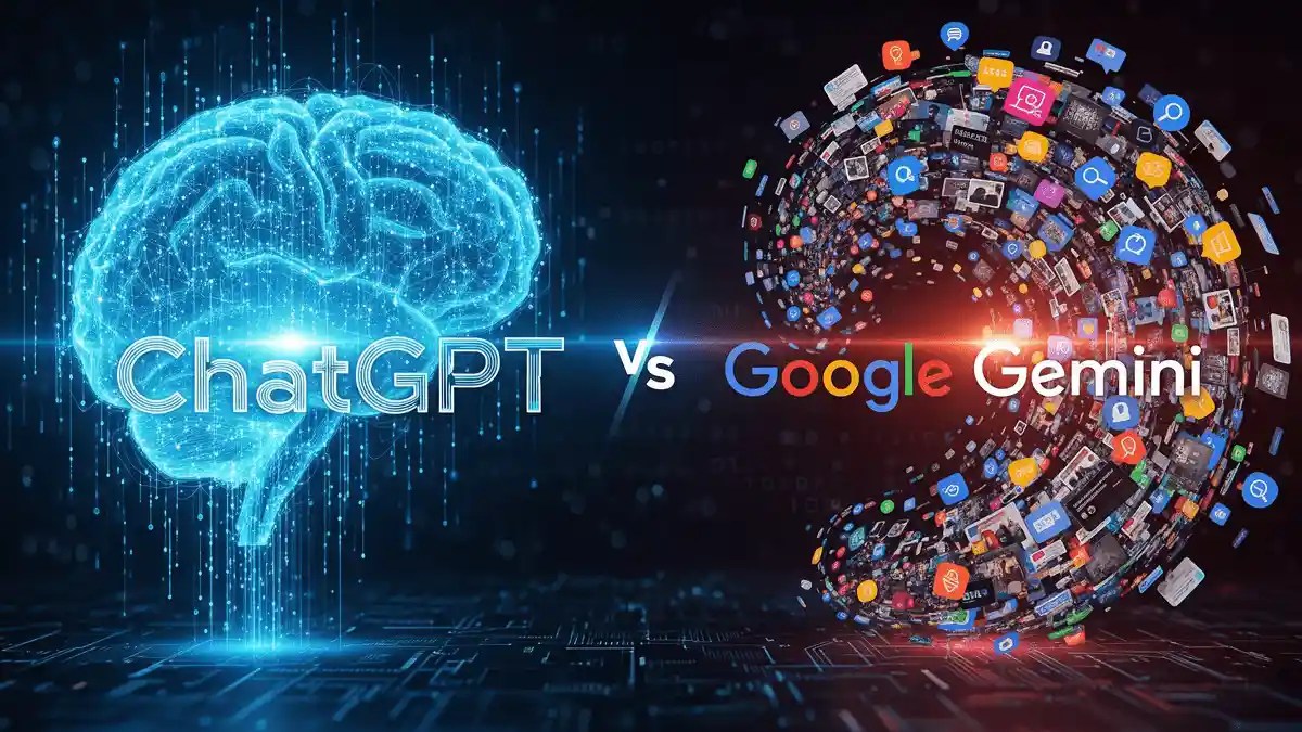 ChatGPT Vs Google Gemini की तुलना दिखाती हुई एक इमेज, जिसमें एक तरफ डिजिटल दिमाग और दूसरी तरफ गूगल ऐप्स की दुनिया है