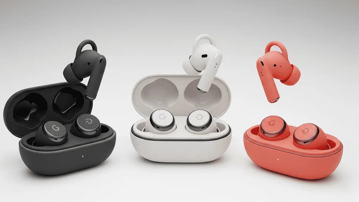 "भारत में लॉन्च हुए Google Pixel Buds Pro 2 के विभिन्न कलर विकल्प - हेज़ल (ब्लैक), पोर्सिलेन (व्हाइट), और पिओनी (कोरल) - अपने-अपने चार्जिंग केस के साथ एक सफेद बैकग्राउंड पर दिखाए गए हैं।