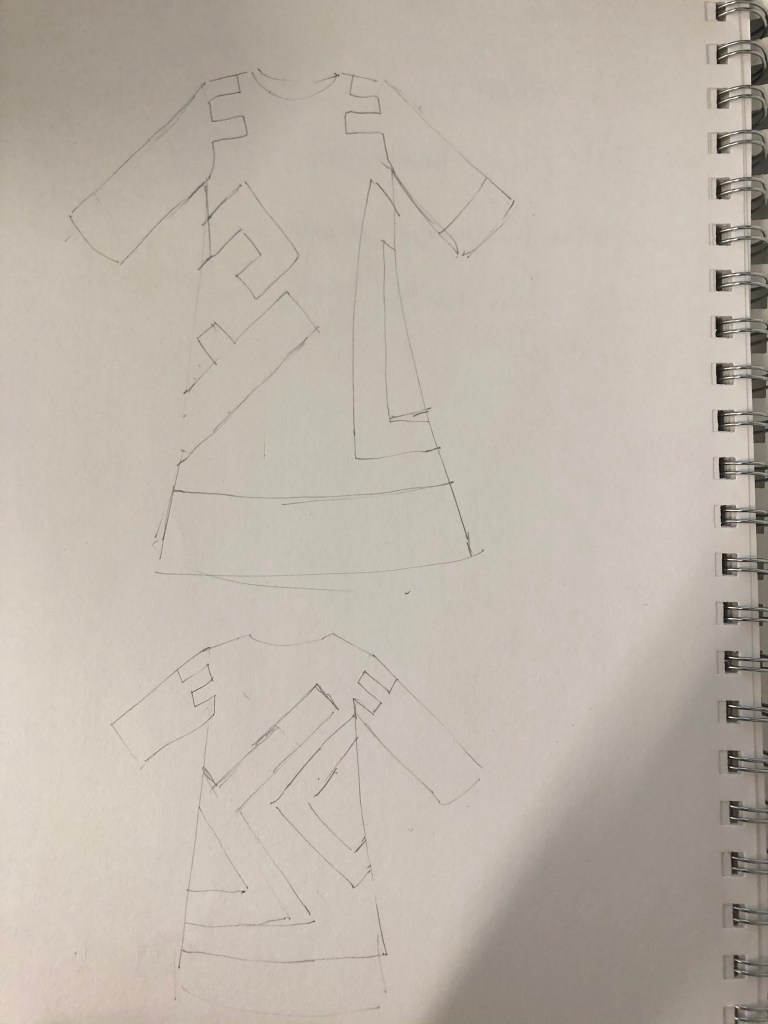 line drawing of proposed dress, front and back view