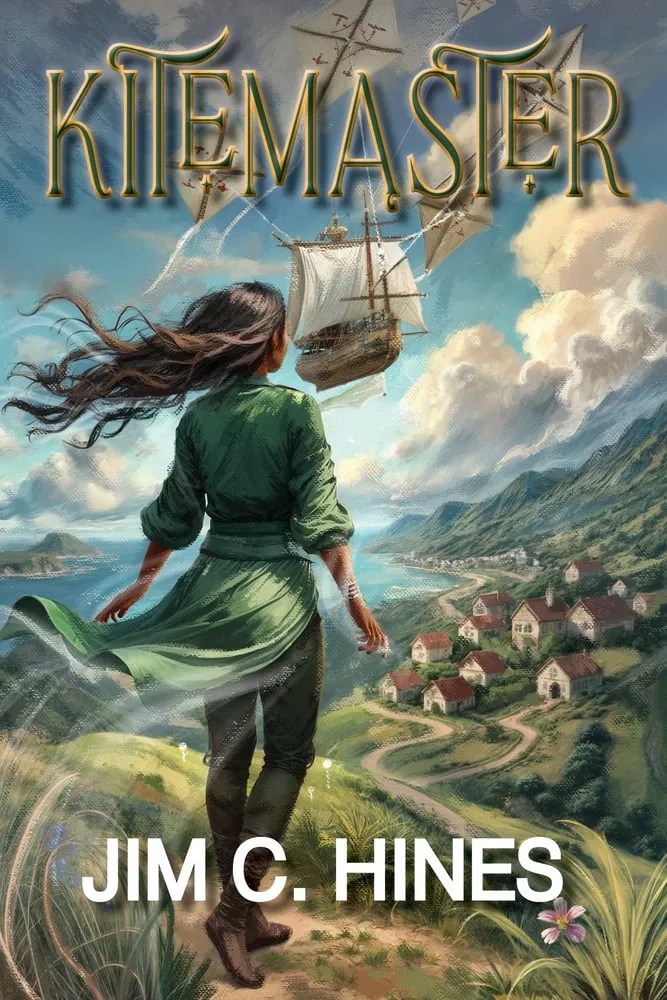 The cover of the book Kitemaster by Jim C. Hines, featuring a woman's figure facing away from the viewer, a green coastal village in the midground, an airship high in the background, and lots of cloud and wind in between them all.