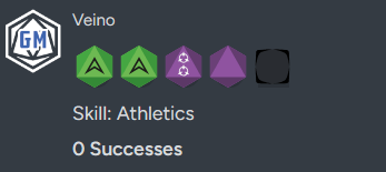 A screenshot from RPG Sessions featuring the dice roll for Athletics. It has two green dice, two purple dice, and one black die. It reads zero successes. 
