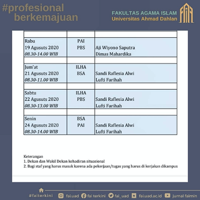 Cetak jadwal mata pelajaran/jadwal piket harga rp10.000/pcs. Info Admisi Jadwal Piket Struktural Dan Karyawan Fai Agustus 2020 Fakultas Agama Islam Universitas Ahmad Dahlan