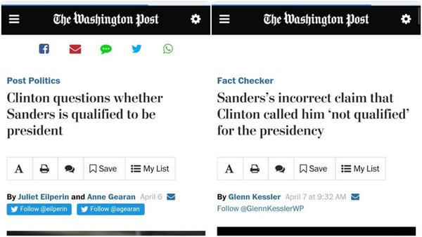 Washington Post headlines on Clinton and Sanders' qualifications
