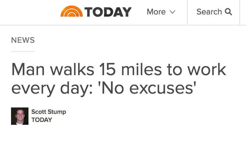 Today show: Man Walks 15 Miles to Work Every Day: 'No Excuses'