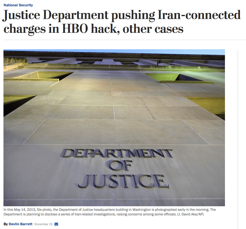 WaPo: Justice Department pushing Iran-connected charges in HBO hack, other cases