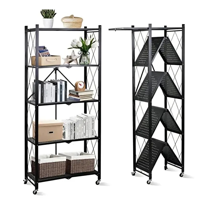 5-Tier Foldable Kitchen Storage Rack with Locking Wheels – Heavy-Duty Metal Mesh Shelving Unit