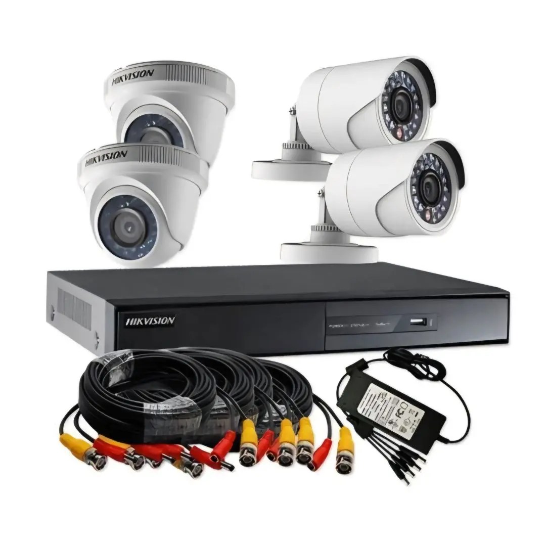 Hikvision 2MP Full HD 4-Camera CCTV Kit with 4-Channel DVR, 1TB HDD, 10A Power Supply, 100m Cable, and Accessories.