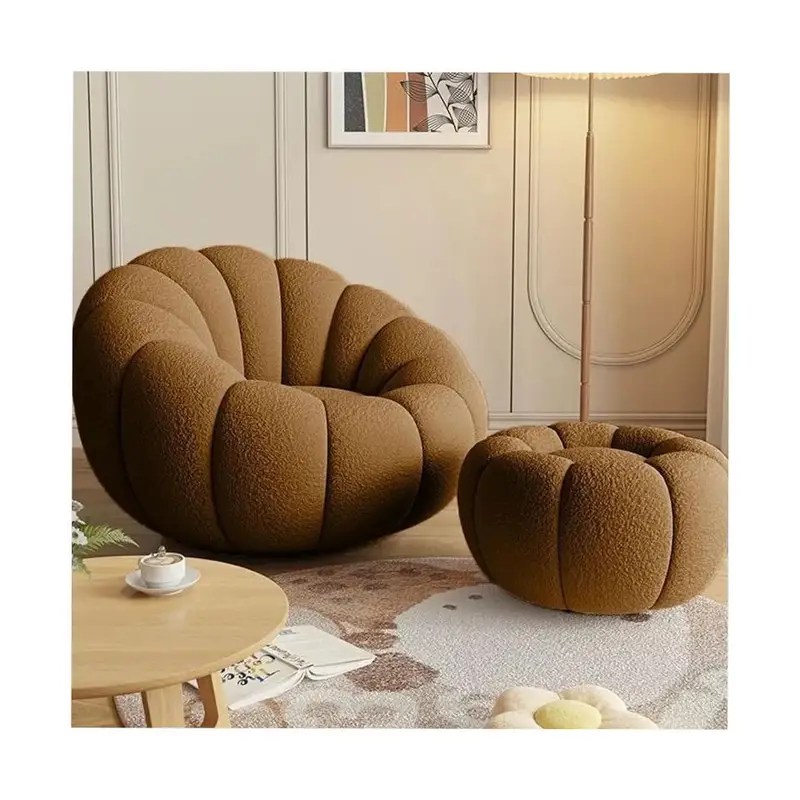 Creative Round Pumpkin Chair with Stool, Lazy Sofa Chair – Lamb Fleece Ottoman & Floor Chair with Footrest