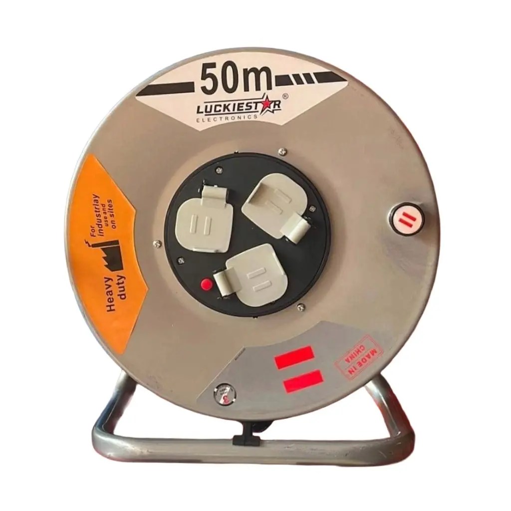 Luckiestar 50M Heavy-Duty Industrial Extension Cable Reel – 3-Way Grounded Sockets