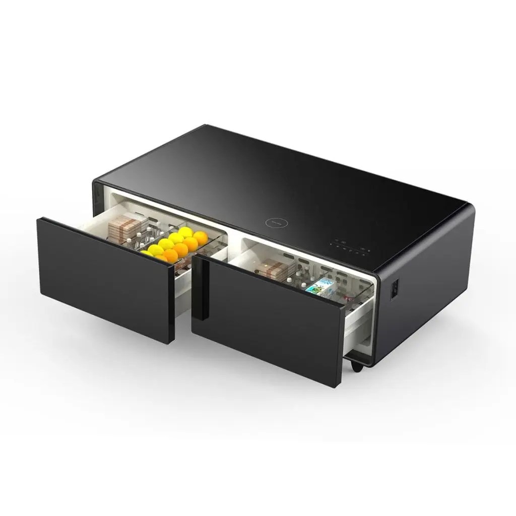 Smart Coffee Table with 135L Dual-Zone Built-in Refrigerator, 20W × 2 Bluetooth 5.0 Stereo Speakers, 15W Wireless Charging, RGB Lighting, USB & Type-C Ports, Dual AC Outlets