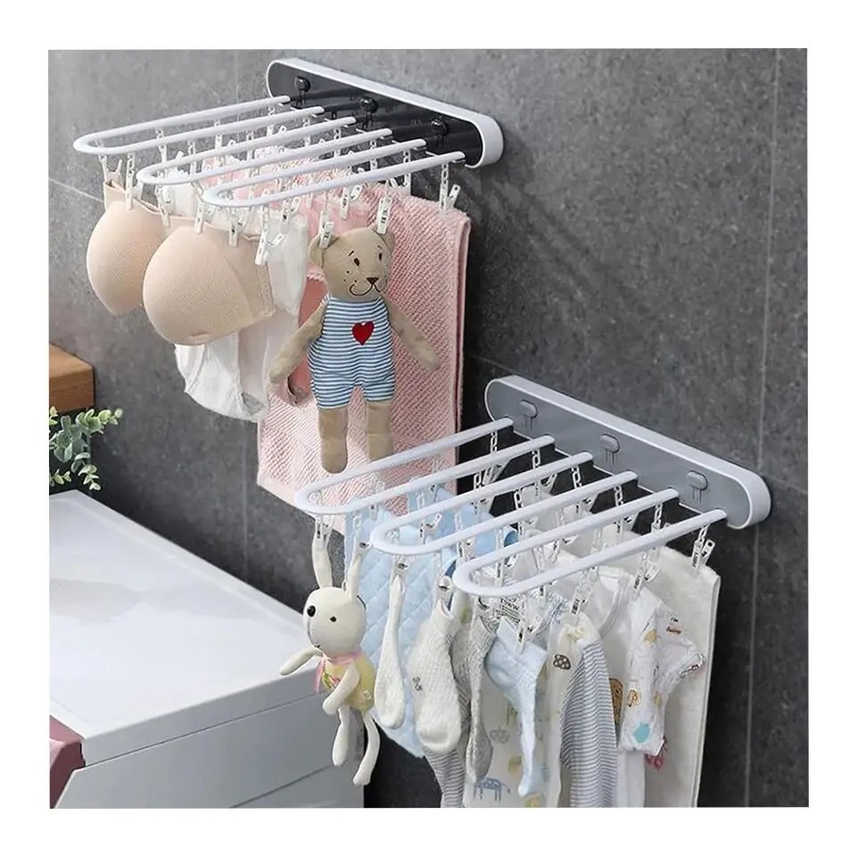 Wall-Mounted Foldable Sock Drying Rack with 24 Clips – Space-Saving Plastic Laundry Hanger