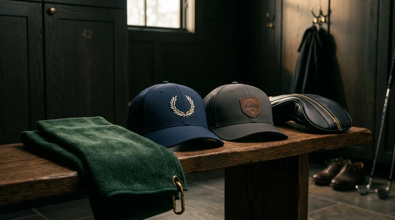 Embroidery vs patch on golf caps shown beside a velour golf towel and a leather driver headcover