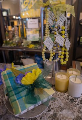 Agate jewelry by Mary Truhler, hand-made hostess gifts, glass art by Fedor Zubanov and Irina Nazarkina with encaustic art by Emily Miller and Peg Wells.