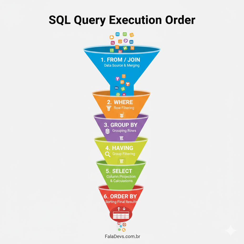 Fluxograma ilustrando a ordem de execução de uma query SQL, começando com FROM e JOINs, passando por WHERE, GROUP BY, HAVING, SELECT e terminando com ORDER BY, mostrando como os dados são filtrados em cada etapa.