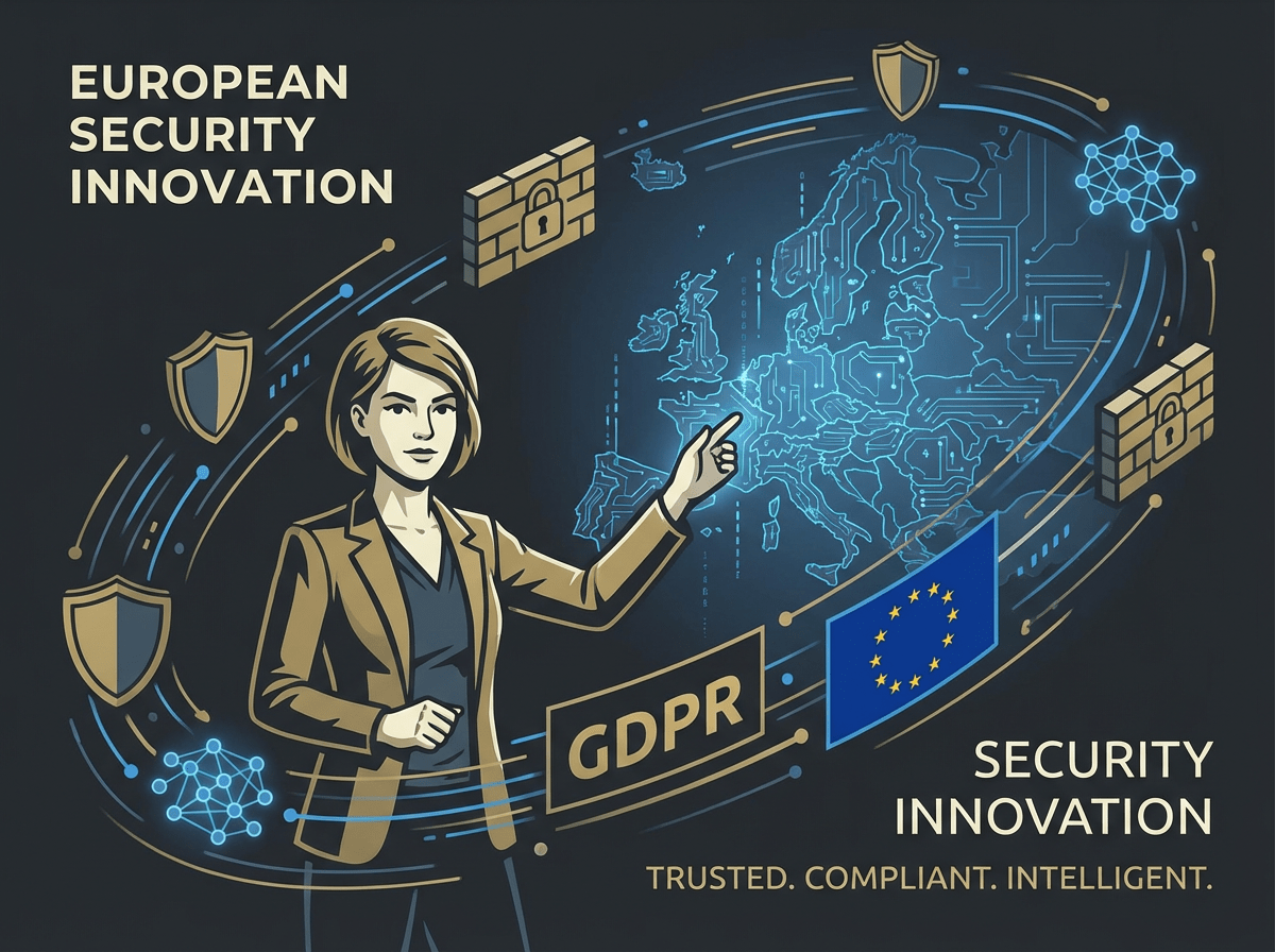 security startup Europe – founder in front of a digital map, surrounded by cybersecurity and compliance icons, gold and dark gray palette