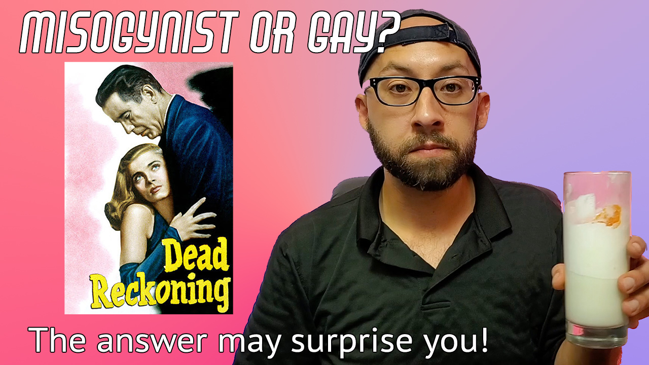 Aaron Pringle holds a Ramos Gin Fizz next to a poster for Dead Reckoning with text that says "Misogynist or gay? The answer may surprise you!"