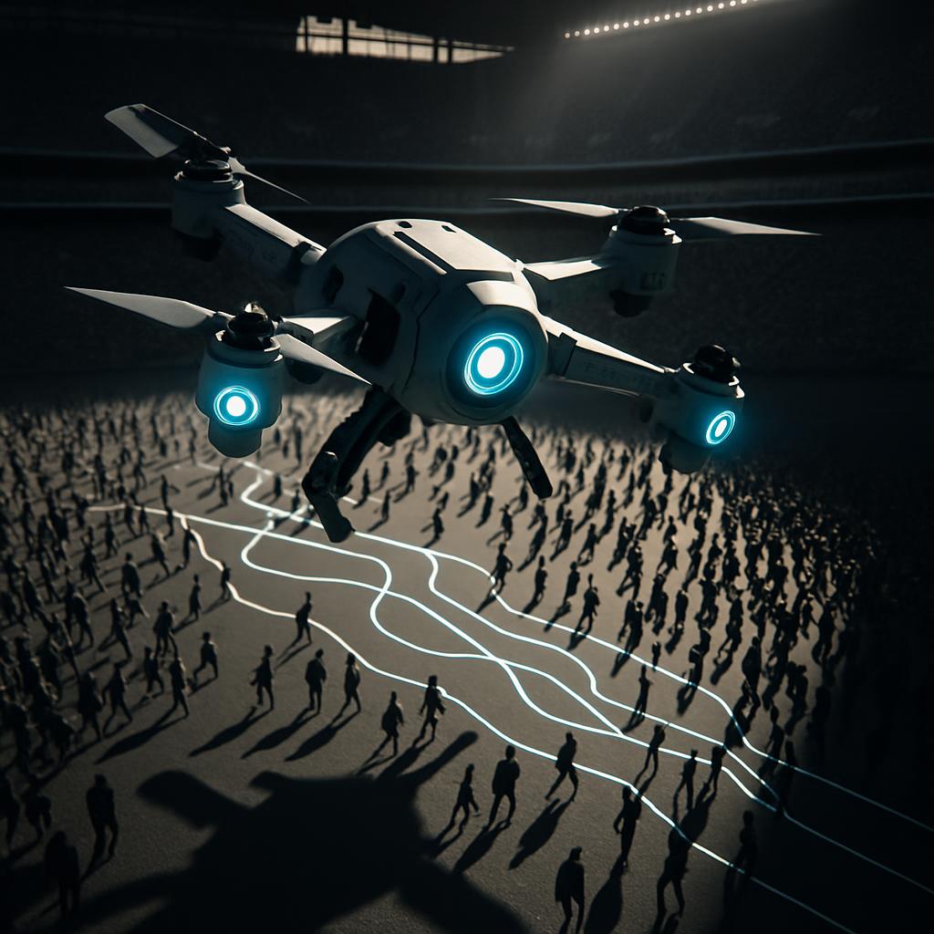 A white drone flies over a crowd of people in an athletic stadium.