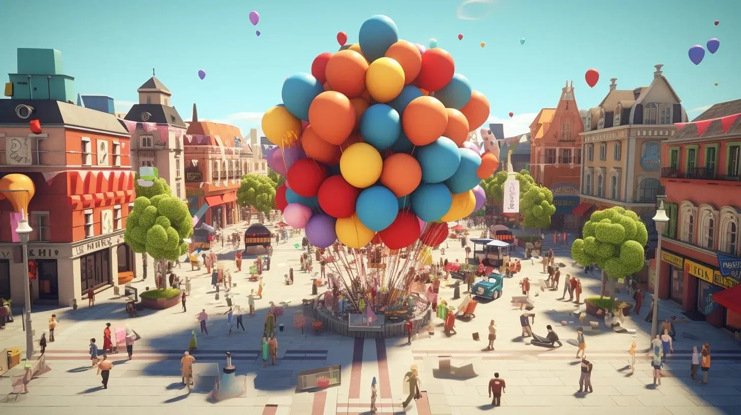 Eine cartoonhaftes Spiel mit einem bunten Marktplatz mit Ballons