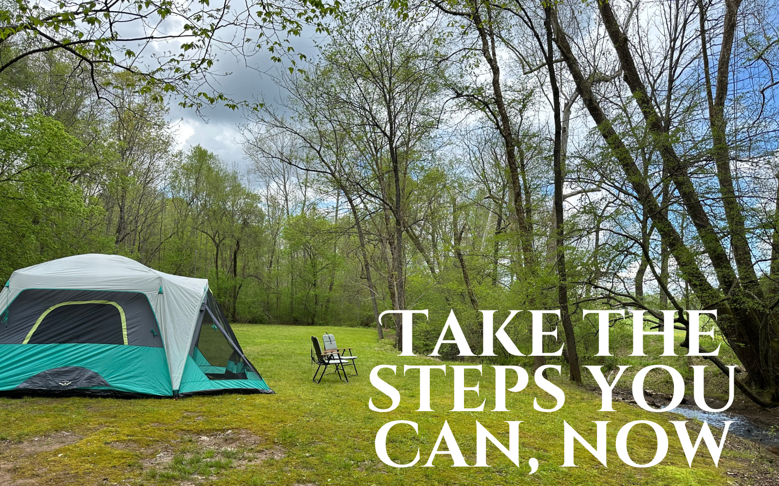 picture of our HipCamp site at an endangered Shire horse farm with text overlay that reads Take the Steps You Can, Now