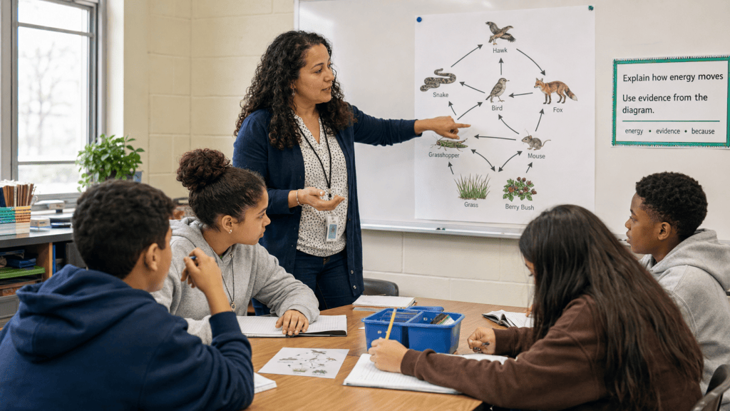 Teacher in front of students, pointing to a food web. Language objectives are posted on the wall.