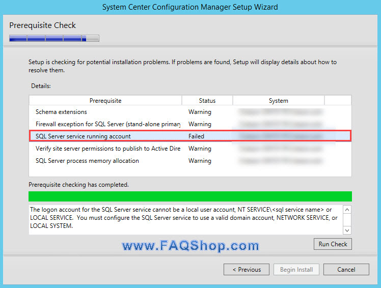 SQL Server service running account prereq check failure