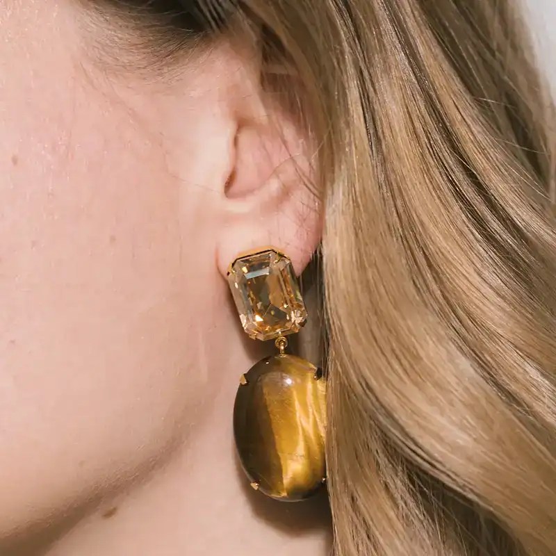 jennifer behr tiger's eye and crystal xiomara earrings shown on model