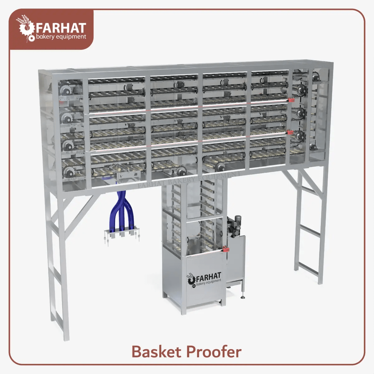 Farhat Bakery Equipment's Basket Proofer featuring a multi-tiered design with stainless steel construction, engineered for efficient dough proofing in commercial bakeries.