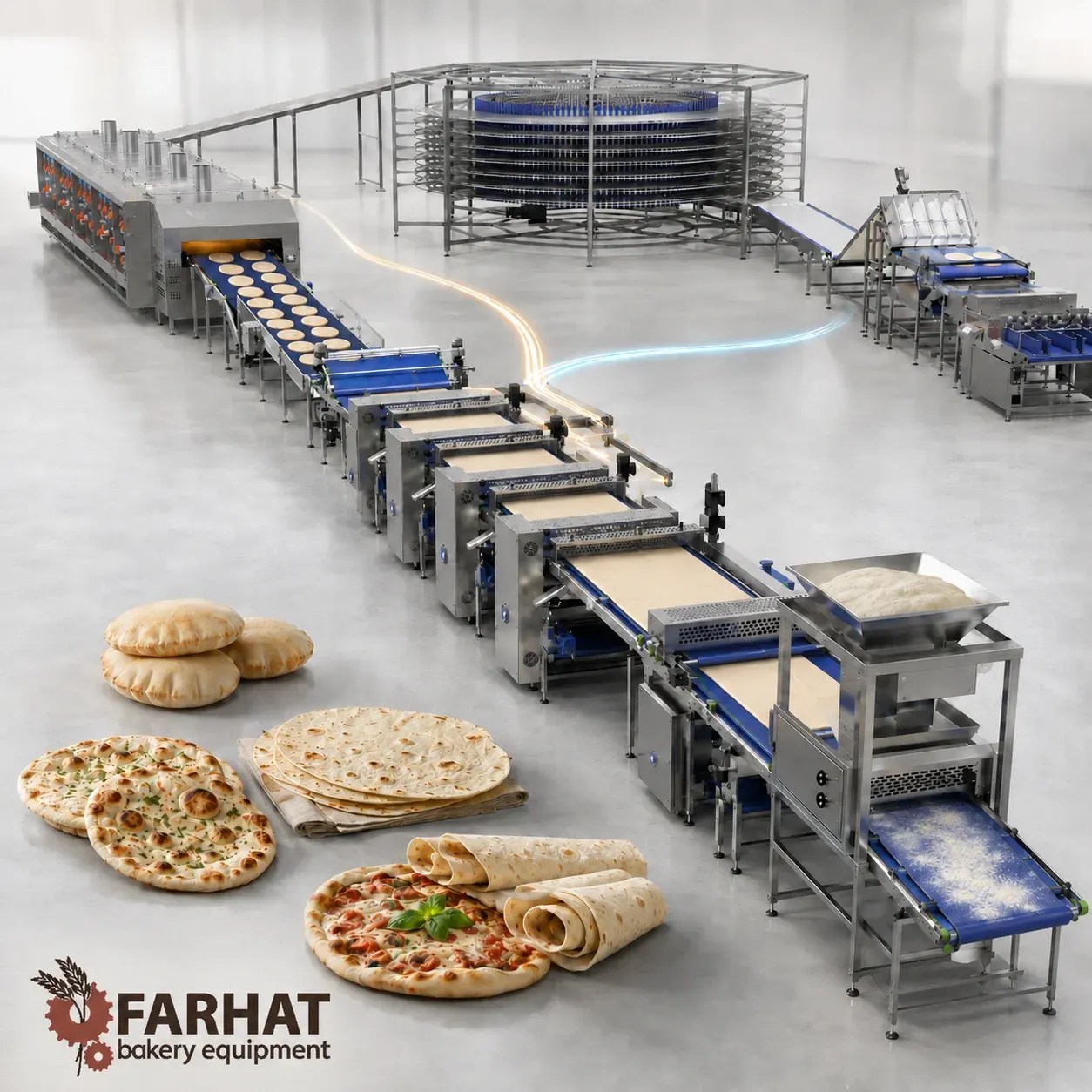 Linha de laminação contínua da Farhat Bakery Equipment produzindo pão sírio, pão naan e discos de pizza, do alimentador de massa ao forno túnel e à torre de resfriamento espiral até o empilhador contador,