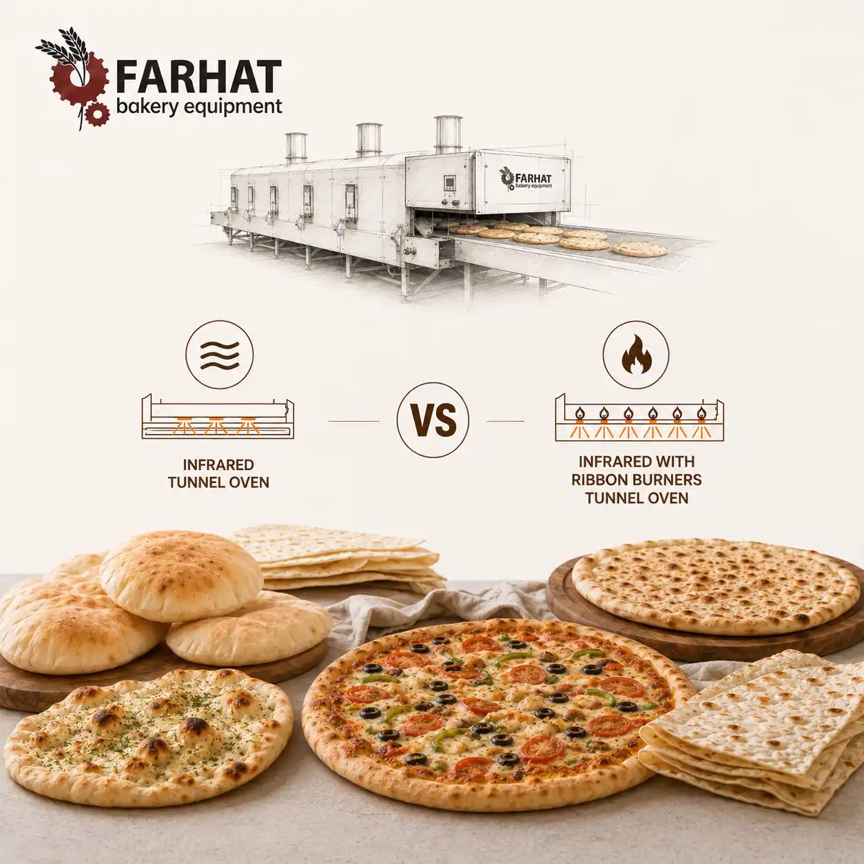 Diagrama comparativo: forno túnel infravermelho da Farhat (queimadores radiantes) x forno túnel infravermelho com queimadores de fita (chama direta), assando pão pita, naan, manakish, lavash e pizza