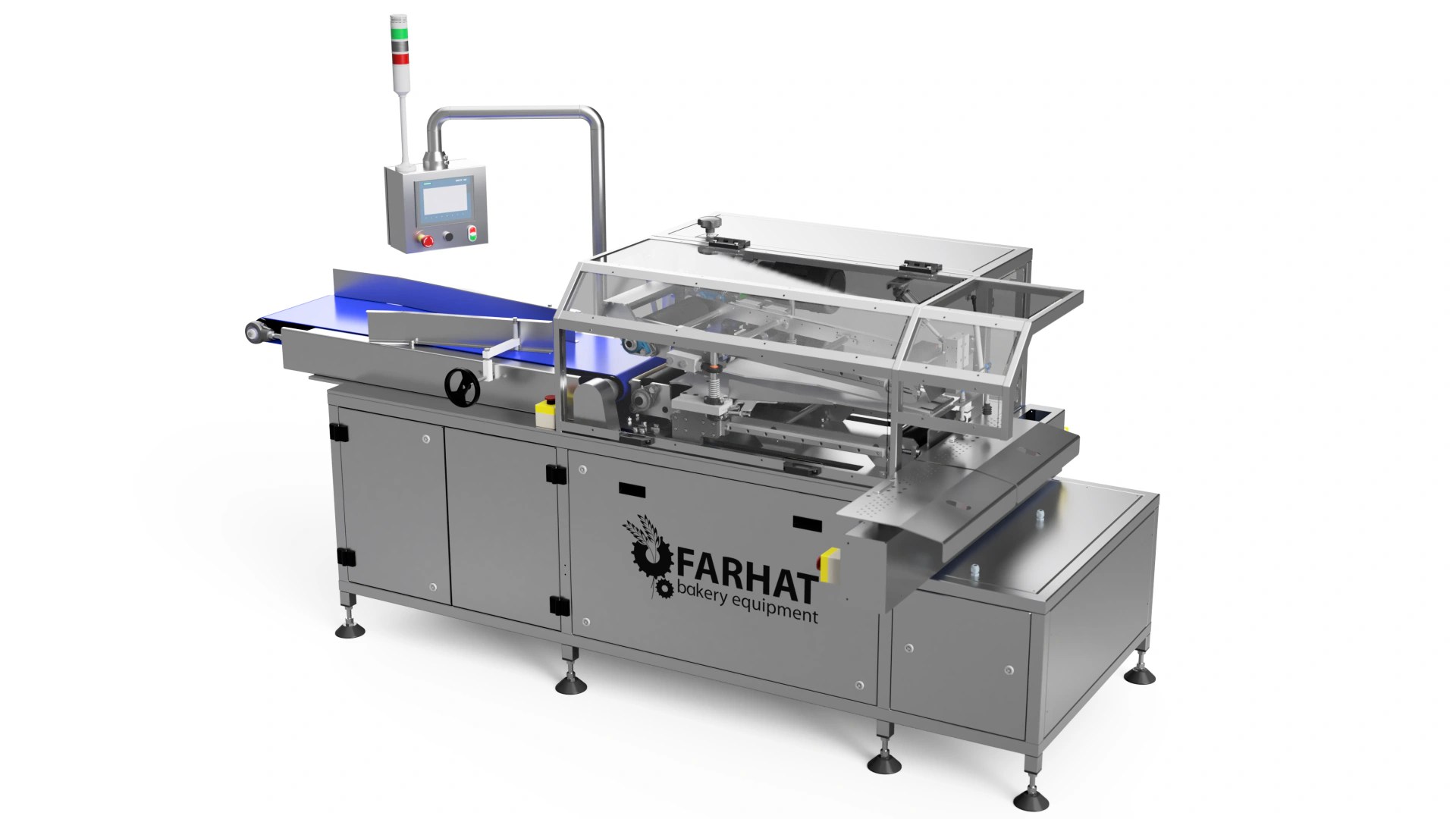 Farhat Bakery Equipment automatic bread bagging machine (bagger) with infeed conveyor, guarded sealing chamber and touchscreen control for industrial bakery packaging.