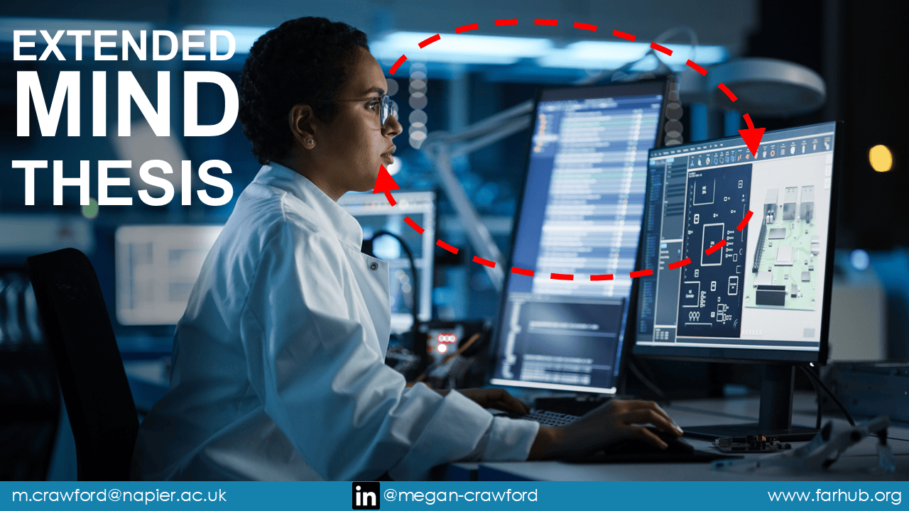 African female scientist sitting in computer lab in front of a computer looking at the screen with the words, Extended Mind Thesis in the upper left corner