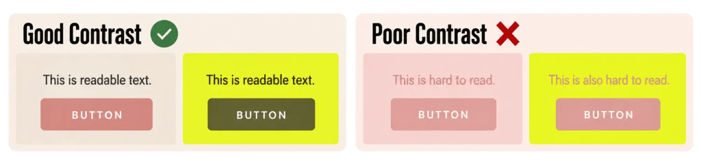 Comparison of good and poor website colour contrast using dusty pink, olive green, neon yellow, and cream backgrounds with contrasting text and buttons.
